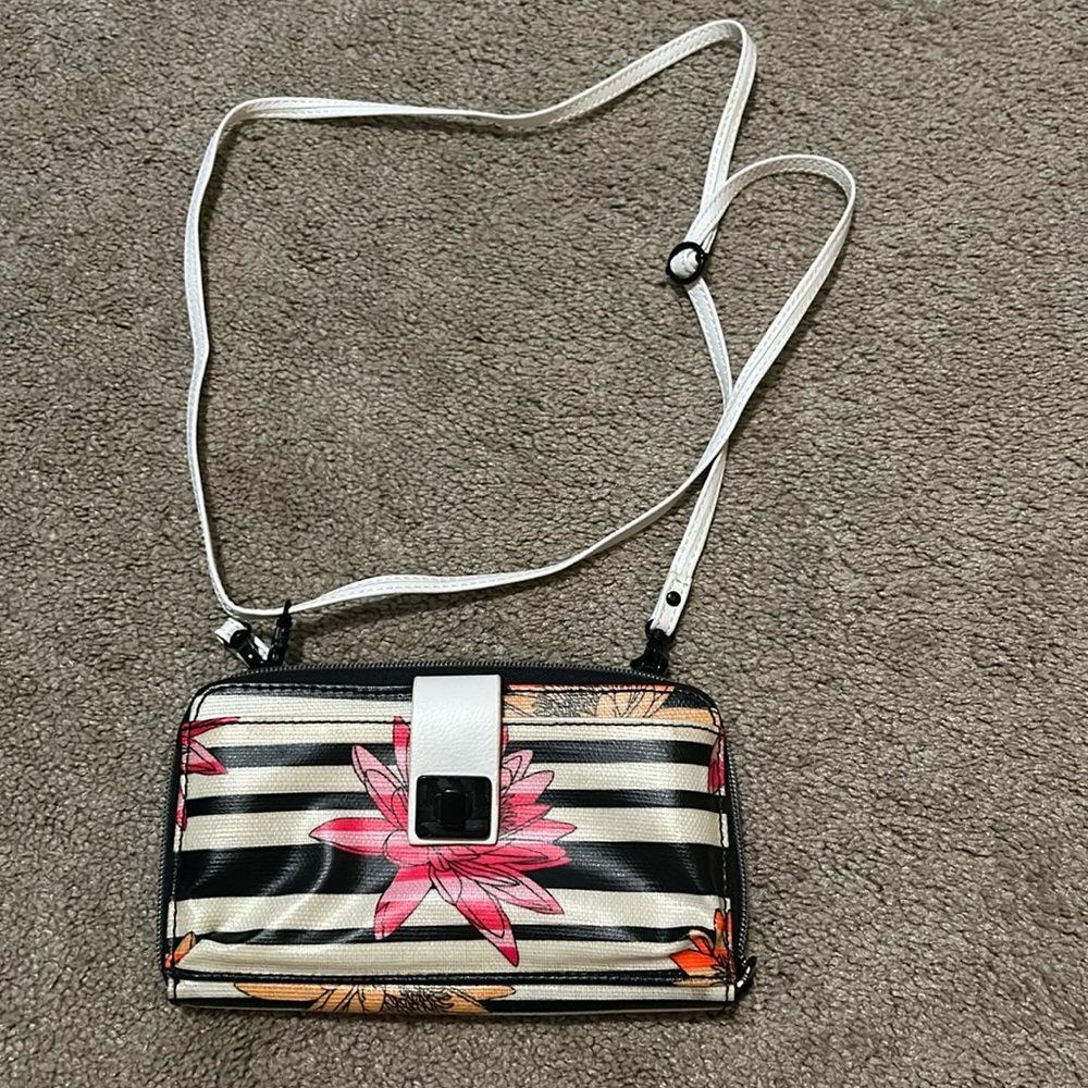 Hand bag/purse/satchel. Sakroots brand. Flowers, striped small purse.